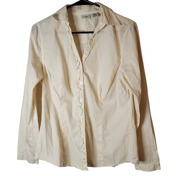 L.L. Bean Womens Ruffled Placket Button Front Blouse sz Small Ecru Cotton - Picture 1 of 8